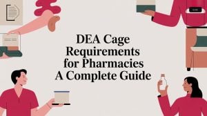 Illustrated image with four people holding pharmacy-related items surrounds the text: DEA Cage Requirements for Pharmacies A Complete Guide. The background is light, and the characters wear red shirts.