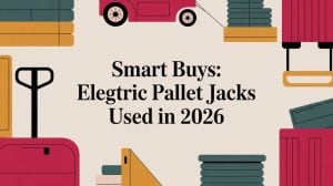 Illustration of stacked books, a hand pallet jack, and a warehouse cart surrounding the text Smart Buys: Electric Pallet Jacks Used in 2026 on a beige background.