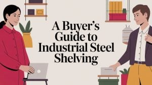 Illustration of a woman with a laptop and a man with a box, surrounded by shelves and plants. Text in the center reads: A Buyer’s Guide to Industrial Steel Shelving.