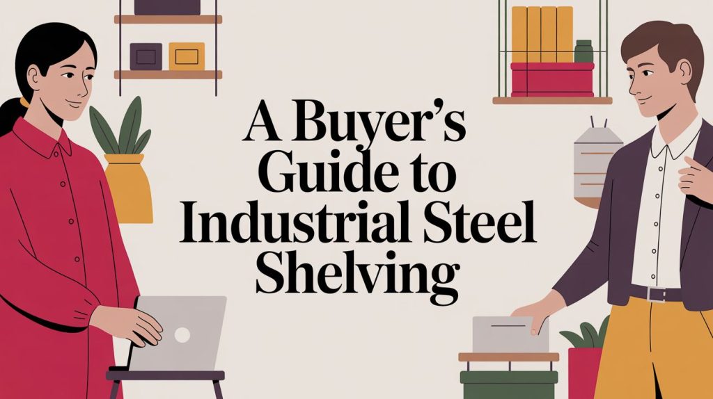 Illustration of a woman with a laptop and a man with a box, surrounded by shelves and plants. Text in the center reads: A Buyer’s Guide to Industrial Steel Shelving.