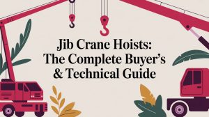 Illustration of two red cranes facing each other with hooks suspended in the middle. Text in the center reads: Jib Crane Hoists: The Complete Buyer’s & Technical Guide. Decorative leaves are shown at the bottom.