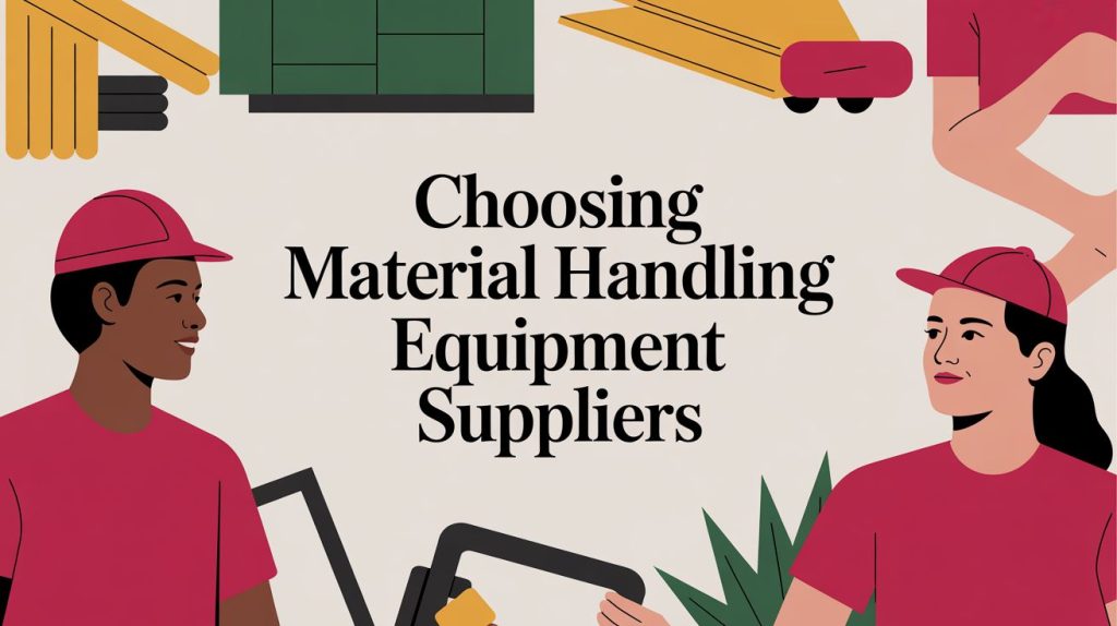 Two illustrated workers in red uniforms and hats, surrounded by material handling equipment like boxes, pallets, and hand trucks. Text in the center reads, Choosing Material Handling Equipment Suppliers.