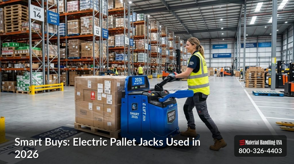 A warehouse worker in a yellow safety vest operates one of the electric pallet jacks used to move stacked boxes through spacious aisles lined with tall shelving racks. Text overlay reads, “Smart Buys: Electric Pallet Jacks Used in 2026.”.
