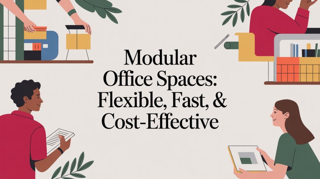 Illustration of people working in different office settings surrounds the text: Modular Office Spaces: Flexible, Fast, & Cost-Effective. The background is light with green plants and colorful folders and books.