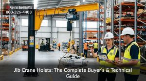 Two workers wearing hard hats inspect jib crane hoists lifting a pallet in a warehouse. Shelving holds boxes in the background. Text reads: Jib Crane Hoists—The Complete Buyers & Technical Guide.
