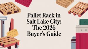 Illustration of wooden and plastic pallets and pallet jacks around bold text reading Pallet Rack in Salt Lake City: The 2026 Buyer’s Guide on a light background.