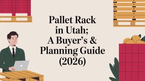 Illustration showing a man at a laptop with pallets and boxes around him. Text in the center reads: Pallet Rack in Utah; A Buyers & Planning Guide (2026).