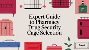 Illustration with various cage and container drawings surrounding the text: Expert Guide to Pharmacy Drug Security Cage Selection. The background is light, and objects are in red, blue, green, and black tones.