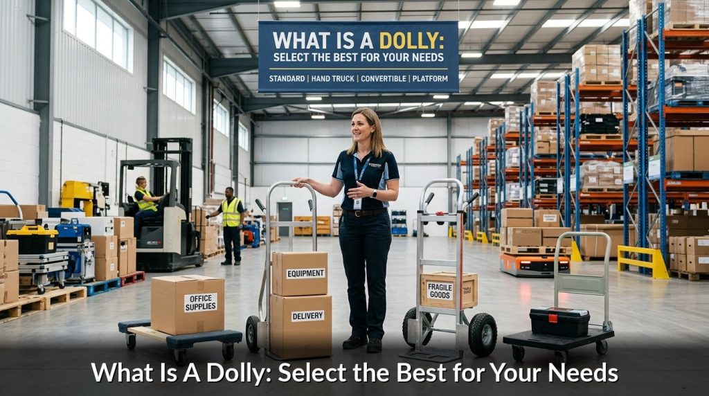 A woman stands in a warehouse, smiling and gesturing to various labeled boxes and dollies. A large sign above asks, what is a dolly: select the best for your needs. Shelves and equipment fill the background.
