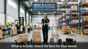 A woman stands in a warehouse, smiling and gesturing toward labeled boxes and different types of dollies. Above her, a sign reads, What Is a Dolly: Select the Best for Your Needs, helping visitors understand what is a dolly and choose wisely.