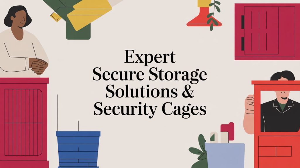 Illustration with people and storage units surrounding the text: Expert Secure Storage Solutions & Security Cages, featuring colorful, abstract-style boxes, cabinets, and plants.