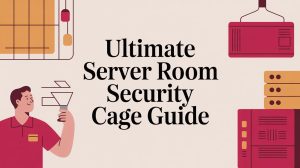 Illustration with a person holding papers, servers, and tech devices surrounding the bold text Ultimate Server Room Security Cage Guide on a light background.
