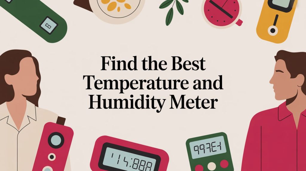 Illustration of two people with various temperature and humidity meters surrounding the text “Find the Best Temperature and Humidity Meter” in the center on a light background.
