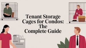 Illustration with two people sitting inside storage cages, and two others standing outside next to objects. Center text reads, Tenant Storage Cages for Condos: The Complete Guide.