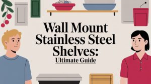 Illustration of two people smiling in a kitchen with wall-mounted shelves and utensils, alongside the text: Wall Mount Stainless Steel Shelves: Ultimate Guide.