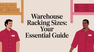 Two illustrated men in red shirts stand on either side of large text that reads, Warehouse Racking Sizes: Your Essential Guide, with warehouse shelves and boxes in the background.
