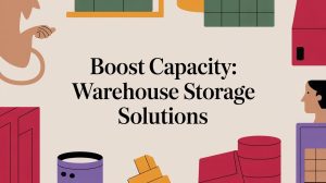 Text Boost Capacity: Warehouse Storage Solutions is centered on a beige background, surrounded by abstract, colorful illustrations of people, storage boxes, and containers, suggesting warehouse and organizational themes.