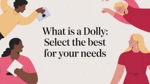 Four illustrated people around the edges hold papers, framing the central text: What is a Dolly: Select the best for your needs on a light background.