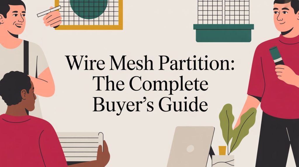 Three illustrated people are talking and holding objects near wire mesh partitions, a plant, and a laptop. The text in the center reads: Wire Mesh Partition: The Complete Buyers Guide.