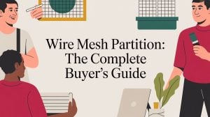 Three illustrated people are talking and holding objects near wire mesh partitions, a plant, and a laptop. The text in the center reads: Wire Mesh Partition: The Complete Buyers Guide.