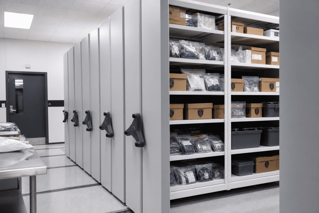 Police evidence storage room with mobile shelving and organized evidence bins