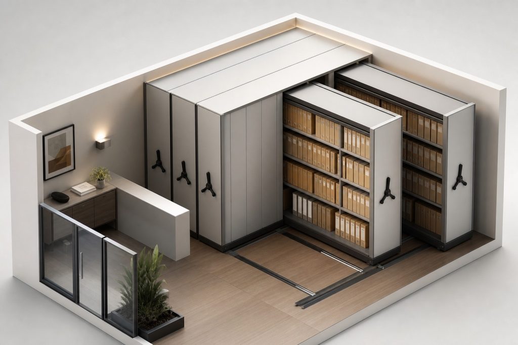 Conceptual illustration of mobile shelving for court document storage