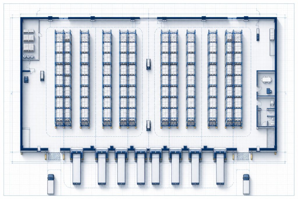Warehouse layout blueprint — each system is custom-designed for the facility