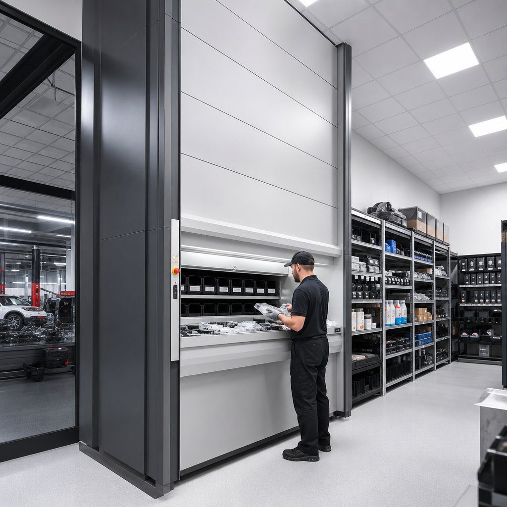Vertical lift module automated storage in an automotive parts room