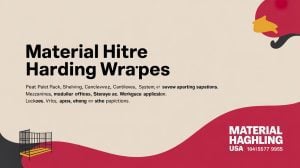 A promotional graphic with bold text Material Hitre Harding Wrapes and smaller text listing storage-related items, featuring abstract shapes, a bird illustration, and MATERIAL HAGHLING USA with a phone number in the bottom right corner.