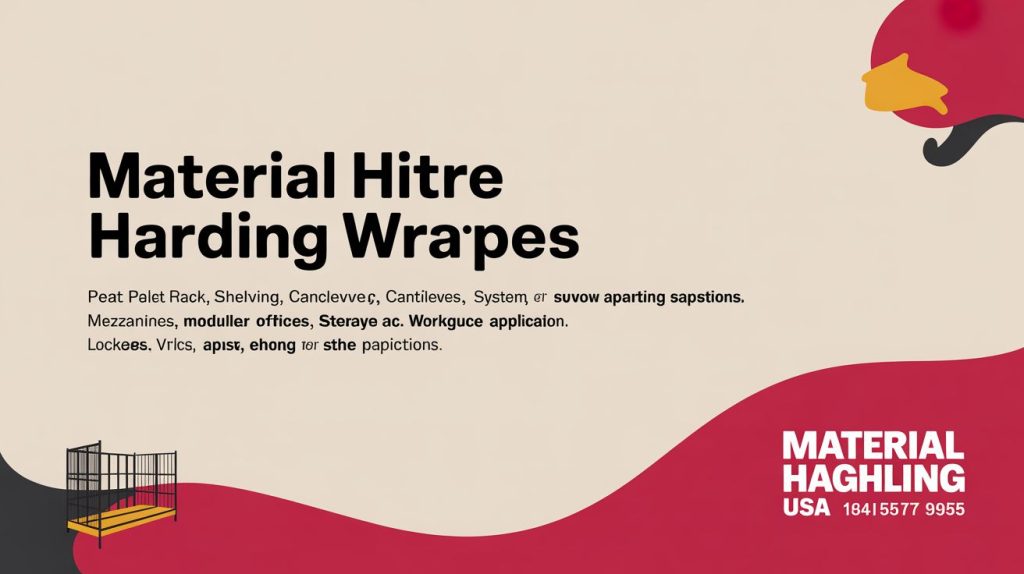 A promotional graphic with bold text Material Hitre Harding Wrapes and smaller text listing storage-related items, featuring abstract shapes, a bird illustration, and MATERIAL HAGHLING USA with a phone number in the bottom right corner.