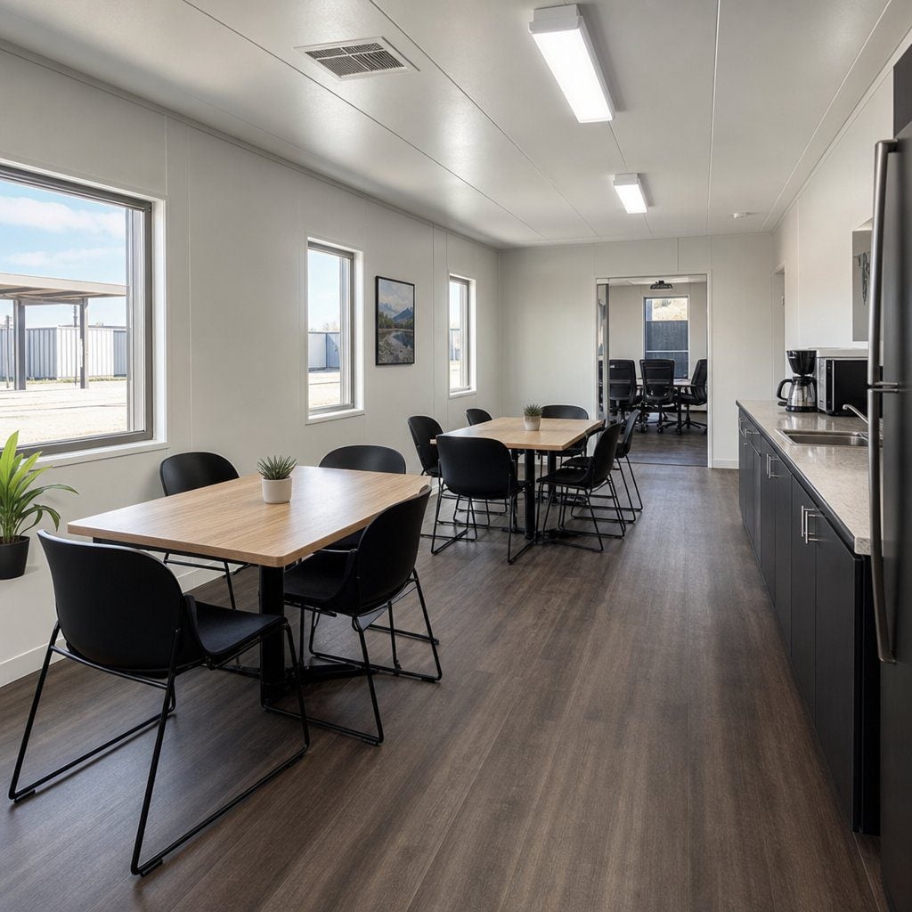 Modular break room with tables and kitchenette