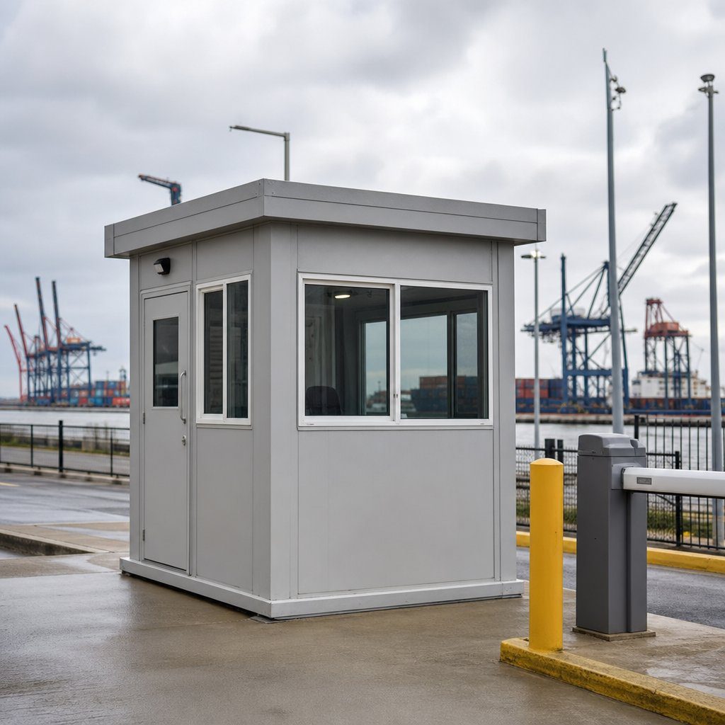 Exterior security booth for coastal industrial facility