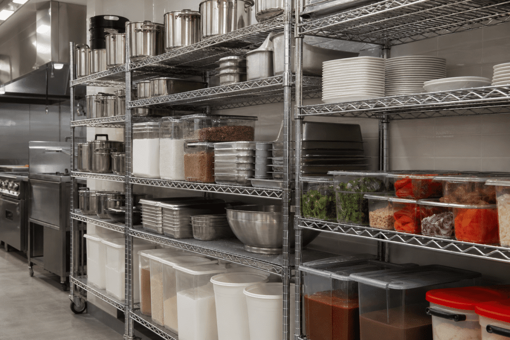 Chrome wire shelving units in a commercial restaurant kitchen storing organized pots, pans, dry goods, and food prep supplies