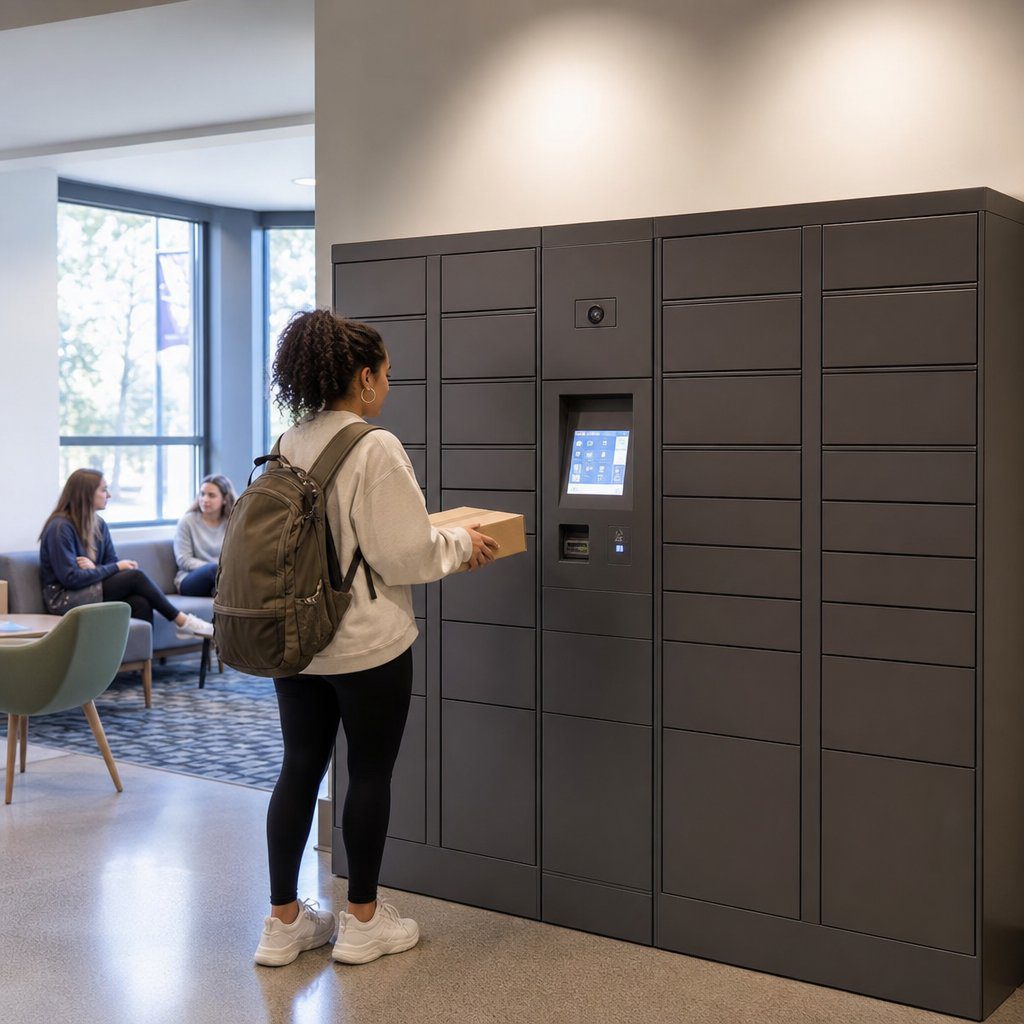 Student housing parcel lockers in dorm lobby