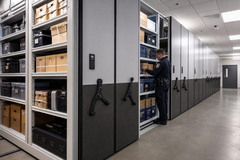 Mobile shelving ranges in a records room below a ceiling with recessed lighting and ceiling-mounted devices