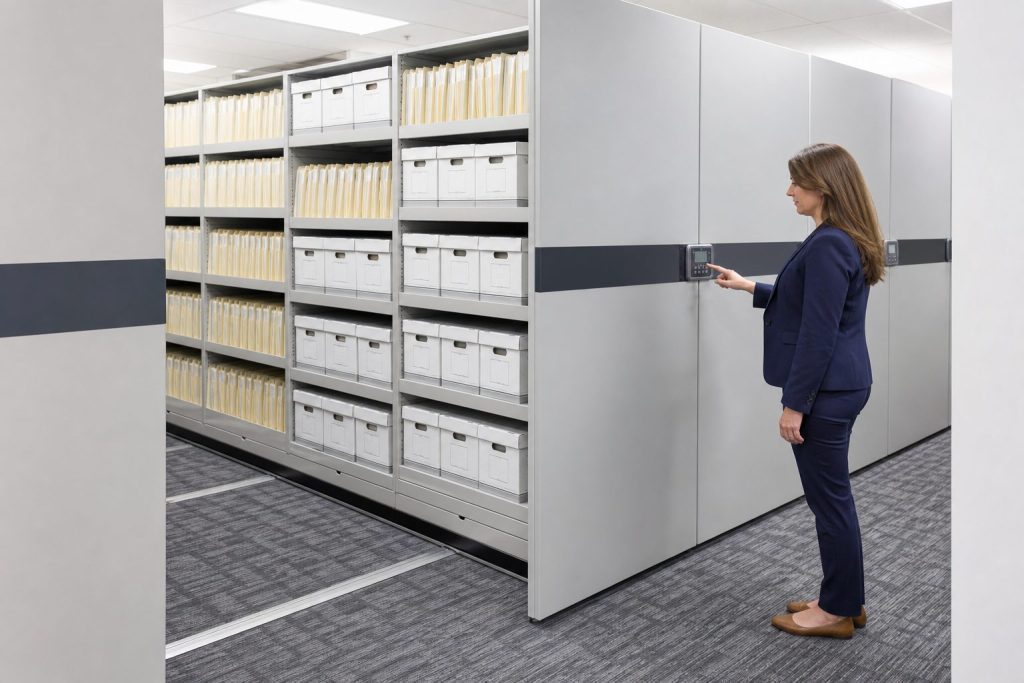 Staff member opening a powered high-density mobile shelving range in a government records room