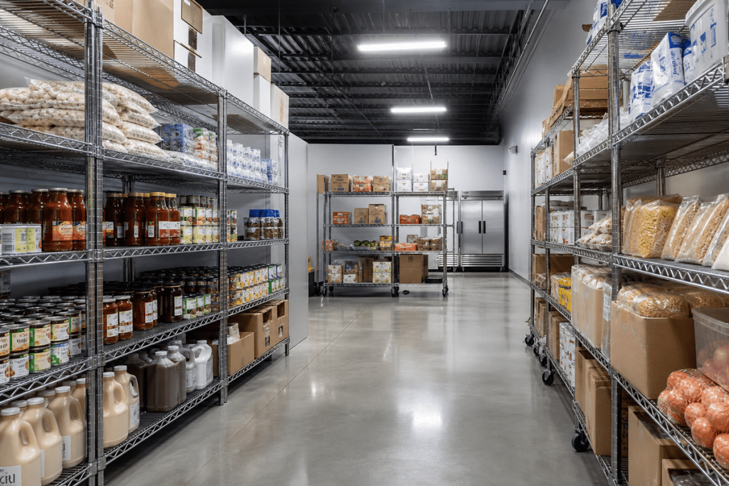 Aisles of chrome wire shelving units stocked with cartons and supplies in a distribution warehouse
