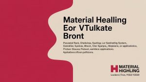 A graphic with abstract red and beige shapes displays large text reading Material Healling Eor Vtulkate Bront and additional smaller, nonsensical text. The bottom right features “H Material Highling” with contact information.