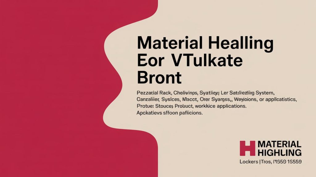 A graphic with abstract red and beige shapes displays large text reading Material Healling Eor Vtulkate Bront and additional smaller, nonsensical text. The bottom right features “H Material Highling” with contact information.