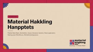 A beige digital poster with red and blue borders displays the heading Material Hakkling Hanpptets in bold black text. The lower right corner features the Material Highing USA logo and contact info. Decorative patterns accent the corners.