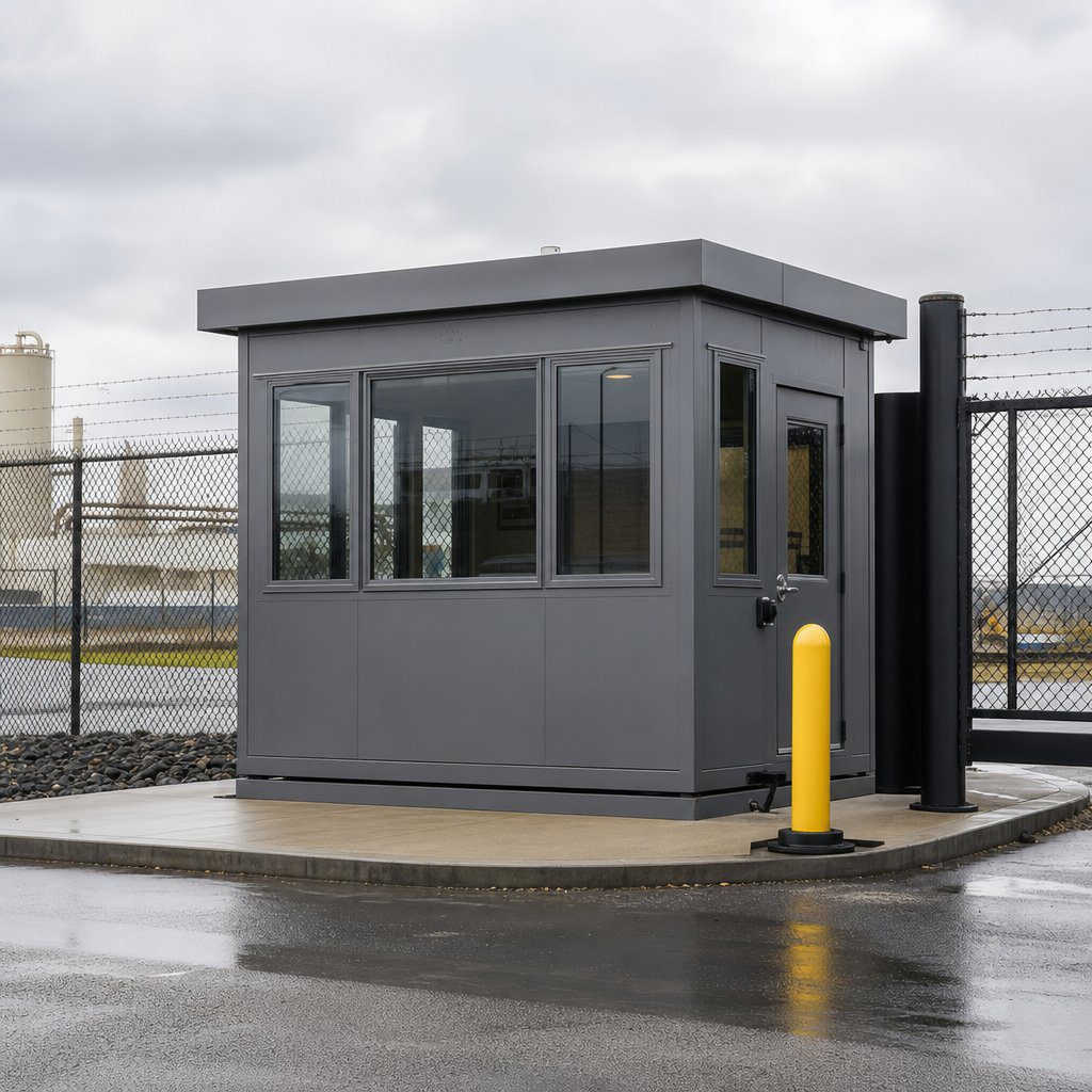 Guard shack rated for hurricane prone areas at industrial gate