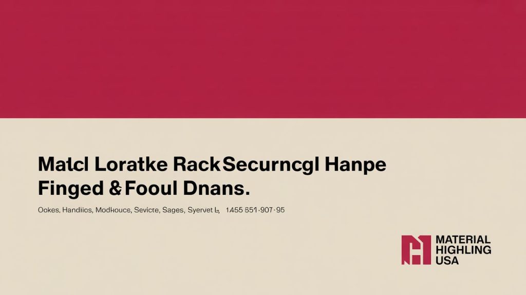 A graphic with a red and beige background features distorted text resembling Matcl Loratke Rack Securcngl Hanpe Finged & Fooul Dnans and the Material Handling USA logo in the lower right corner.