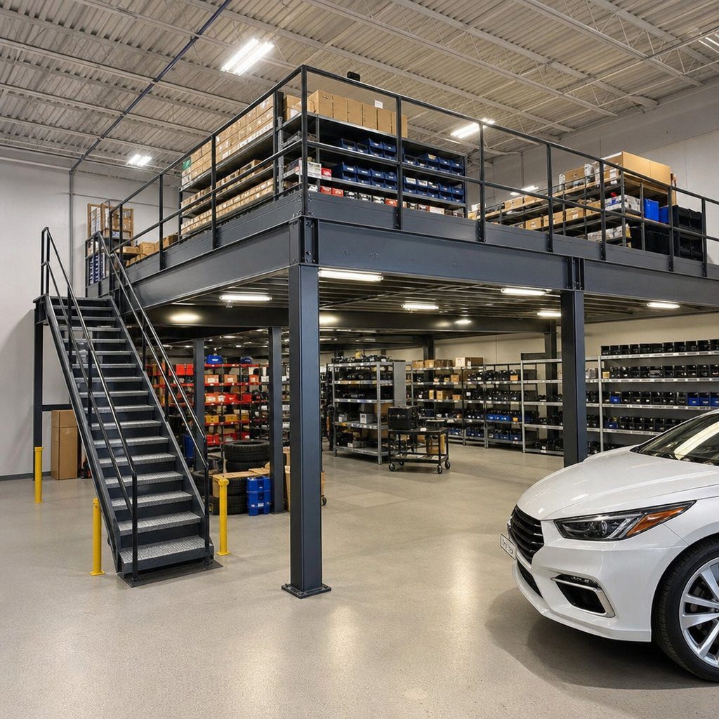Mezzanine above dealership parts area