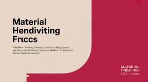 A graphic with a beige and red background features large black text reading Material Hendiviting Friccs and smaller text listing various types of racks and systems. The logo Material Hhghing USA appears in the bottom right corner.