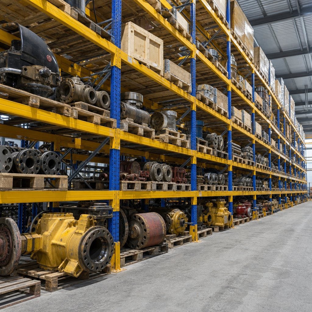 Heavy duty pallet rack storage in mining warehouse facility