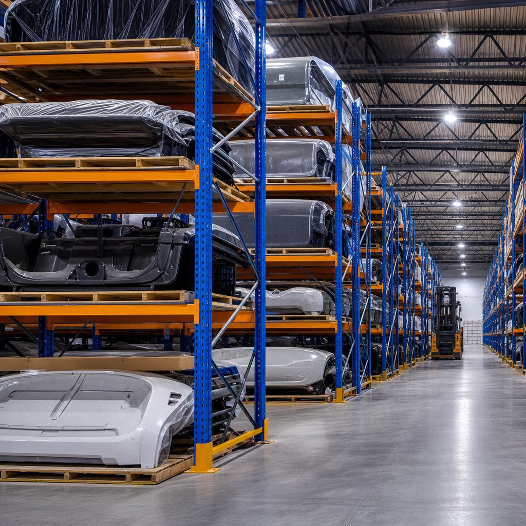 Pallet rack storing bulky auto parts in a warehouse