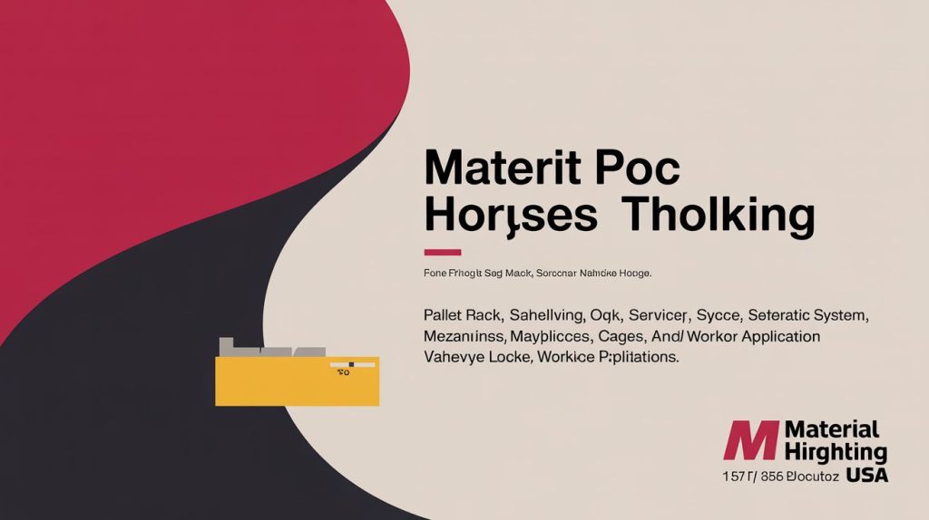 A presentation slide with abstract black and red shapes on a beige background. Text includes placeholder phrases and a yellow graphic of a warehouse shelf. Material Highrting USA logo is in the bottom right corner.