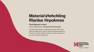 An abstract promotional graphic with maroon and beige colors, featuring large, bold text with nonsensical words and smaller dummy text. The bottom has the Material Haghling USA logo and contact details.