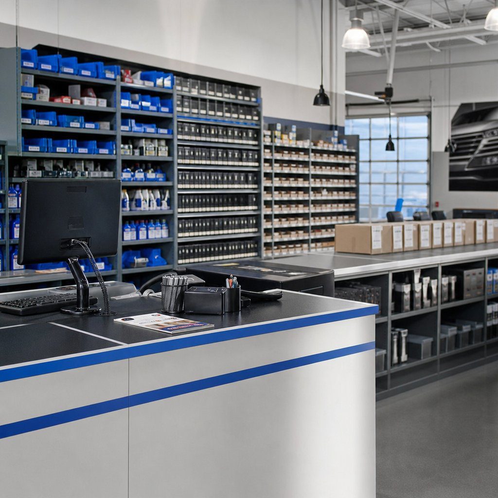 Parts counter workstation with organized bins