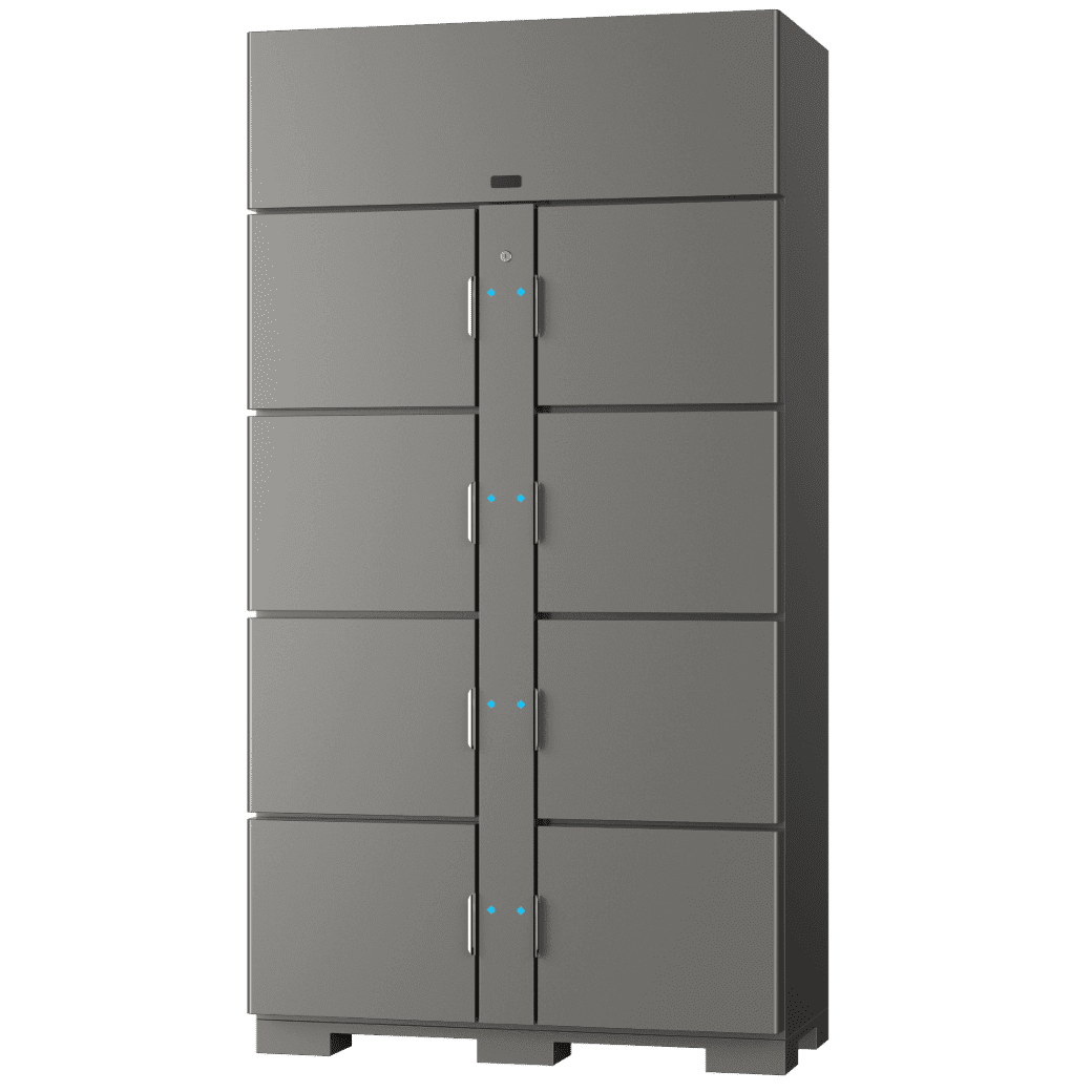 Refrigerated food locker system with eight temperature-controlled compartments for commercial food pickup and storage